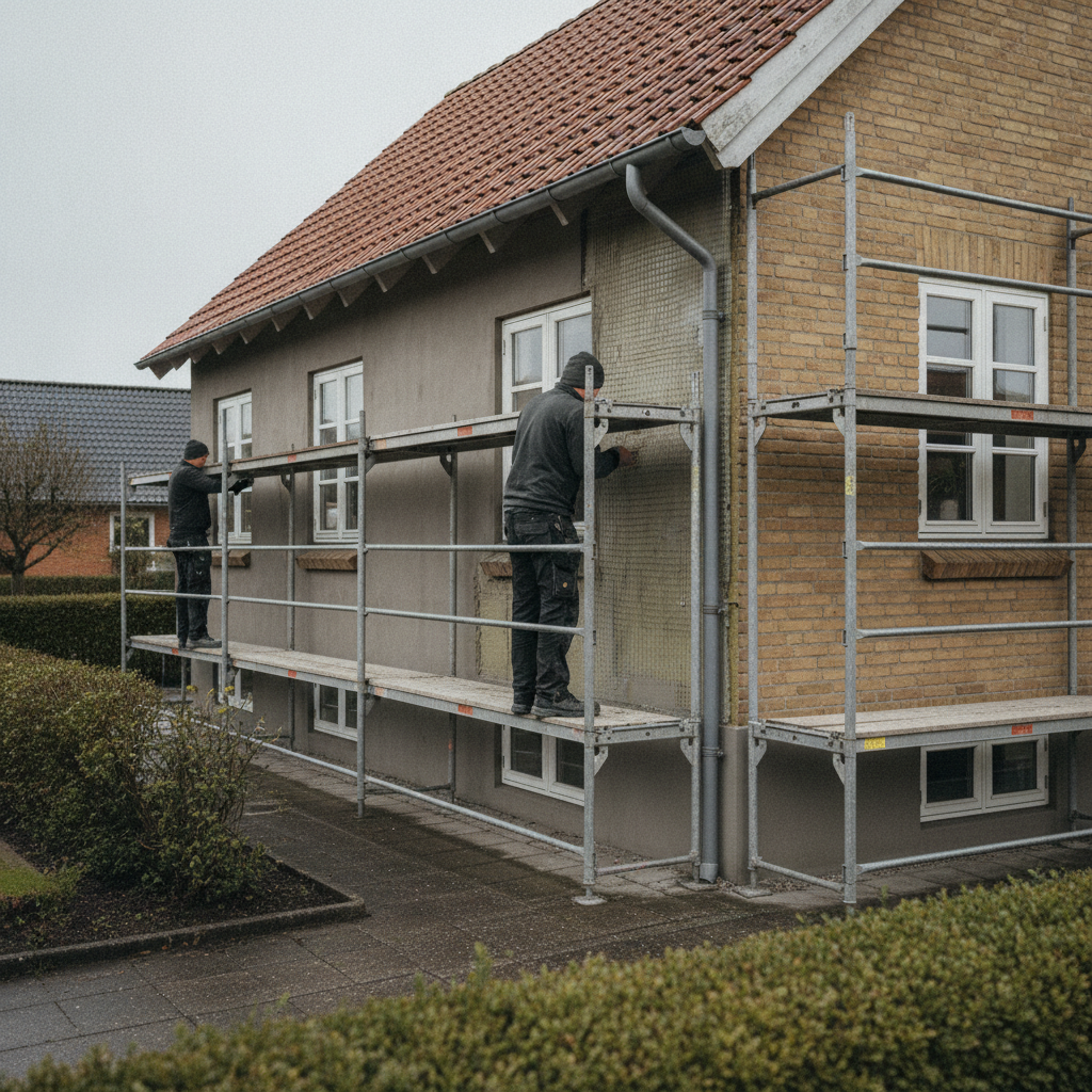 murer, facadeisolering, udvendig isolering, efterisolering, pudset facade, armeringsnet, grundpuds, stillads, udendørs, parcelhus, mursten, tagsten, vinduer, sokkel, tagudhæng, facaderenovering, energirenovering, brandkrav, detaljer, professionel, byggeplads, pris, tilbud, hus, bolig, håndværker