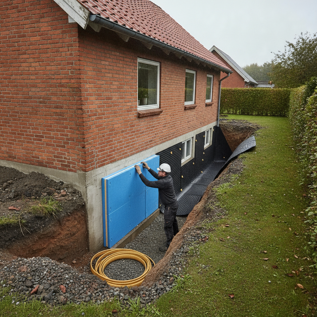 isolatør, entreprenør, udvendig isolering, kældervæg, kælderisolering, omfangsdræn, dræn, fugtsikring, udendørs, villa, parcelhus, sokkel, fundament, opgravning, gravearbejde, xps isolering, drænplade, membran, betonvæg, jord og grus, renovering, vedligeholdelse, professionel, pris, tilbud, hus, bolig, håndværker