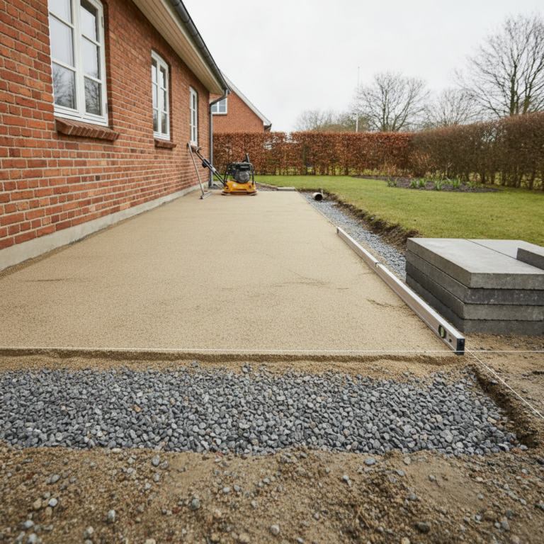 anlægsgartner, brolægger, terrasse, terrasseunderlag, underlag til fliser, bundsikring, bundsikringsgrus, stabilgrus, afretningssand, fald, dræn, drænrør, komprimering, pladevibrator, udendørs, have, parcelhus, mursten, betonfliser, belægning, renovering, byggeplads, hus, bolig, håndværker