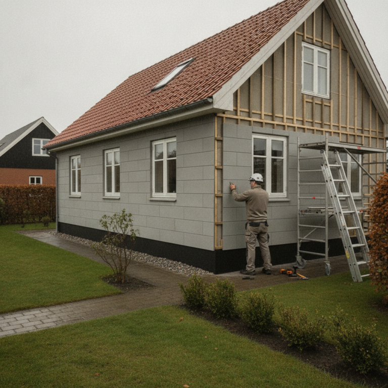 tømrer, facadebeklædning, vedligeholdelsesfri facade, facaderenovering, udendørs, parcelhus, dansk villa, fibercement, facadeplader, ventileret facade, lægter, efterisolering, stillads, montering, byggeplads, renovering, holdbarhed, alger, rengøring af facade, lav vedligehold, pris, tilbud, hus, bolig, håndværker